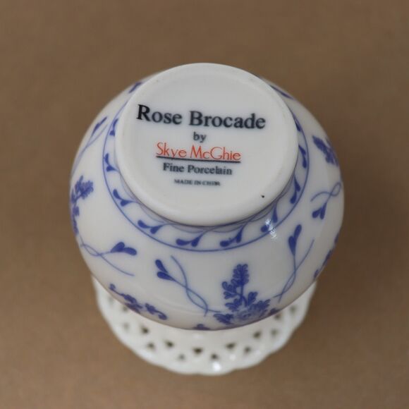 Skye McGhie Rose Brocade Porcelain Vase w Blue White Flowers 6" Tall - Picture 3 of 4